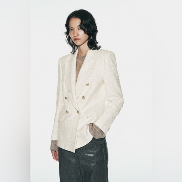Zara   Double Breasted Textured Weave Blazer Jacket    Size XL - Picture 3 of 11